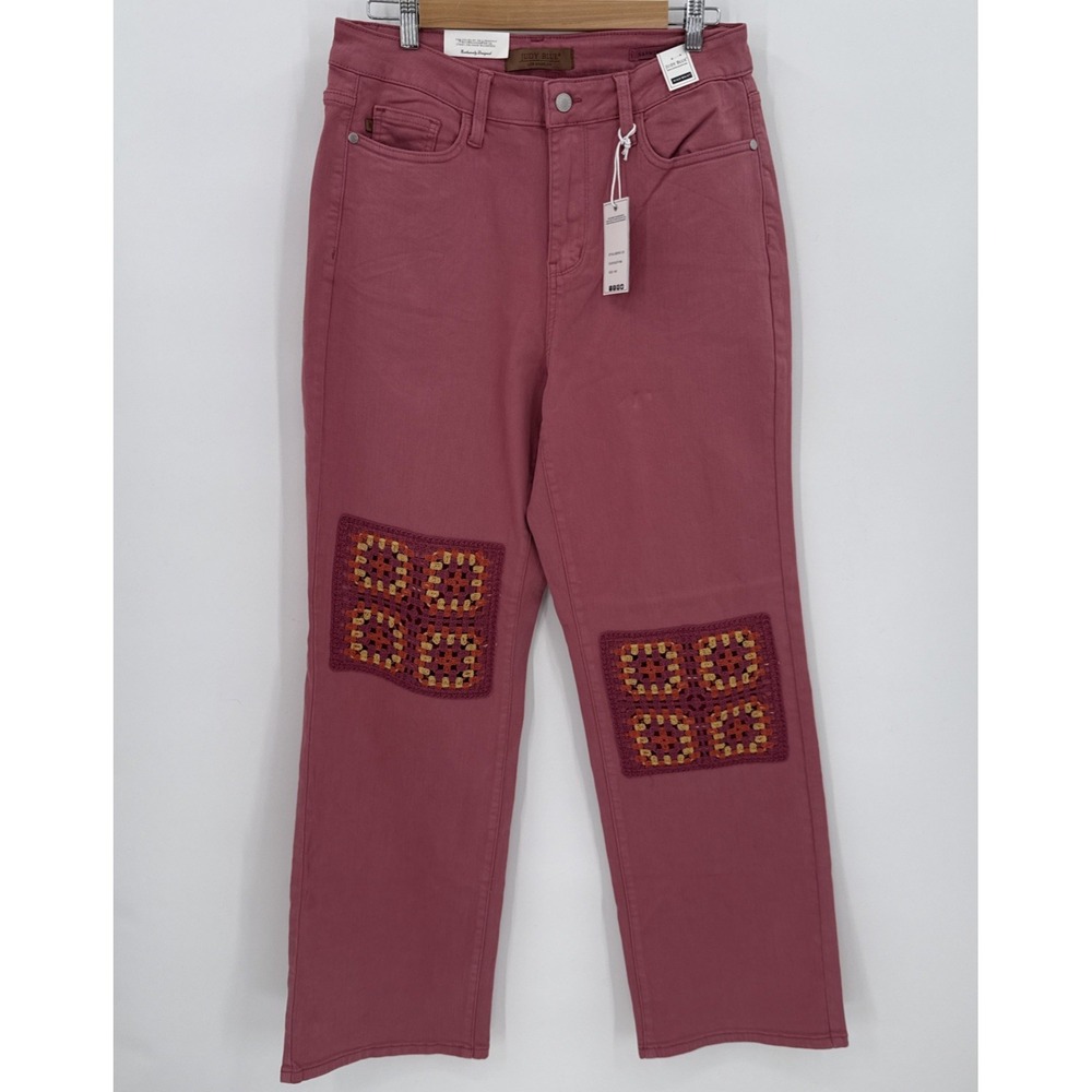 Judy Blue Womens High Waist Wide Leg Jeans 14W Dusty Pink Crochet Patch JB88795